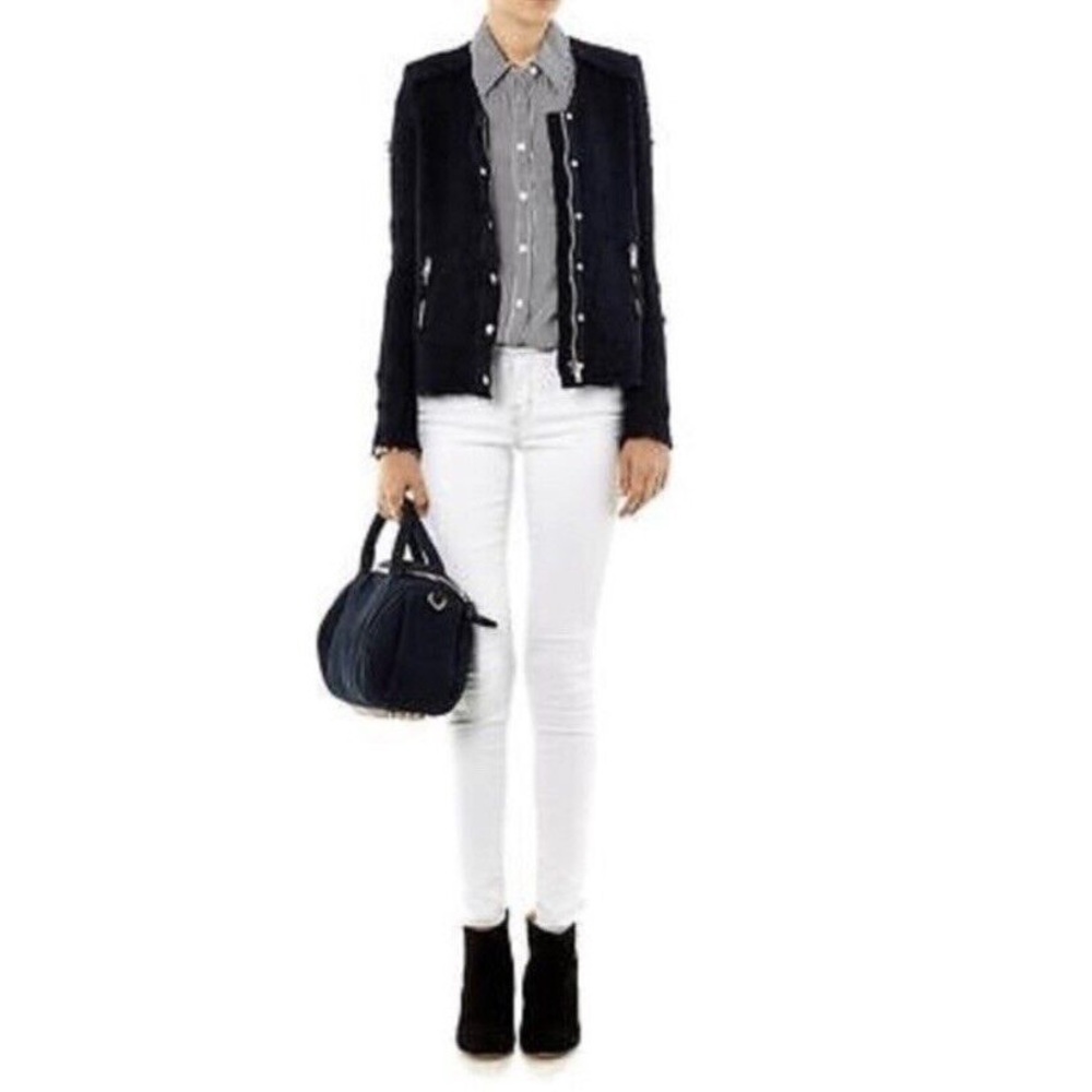 IRO Navy Blue Distressed Tweed Boucle Aggy Button Snap Zipper Jacket Size 8 - Picture 3 of 12